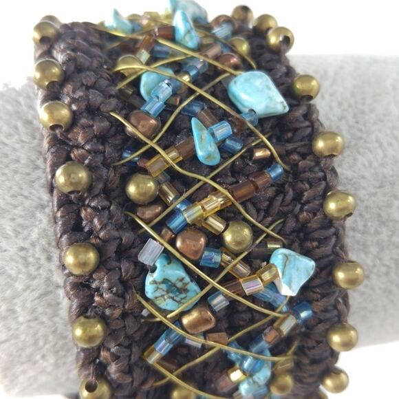 Wide Cuff Brown Bracelet Blue Gemstones & Seed Beads - Picture 5 of 8